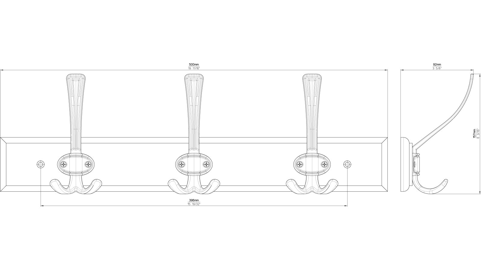 Hakenleiste Warstein Druckguss - Holz buche natur lackiert chrom matt - 500 mm lang  vor weißem Hintergrund