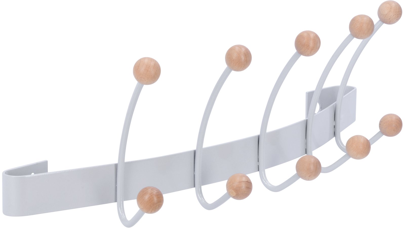 Hakenleiste Wiesloch Stahl - Holz silbergrau metallic pulverbeschichtet ahorn natur lackiert - 452 mm lang  vor weißem Hintergrund