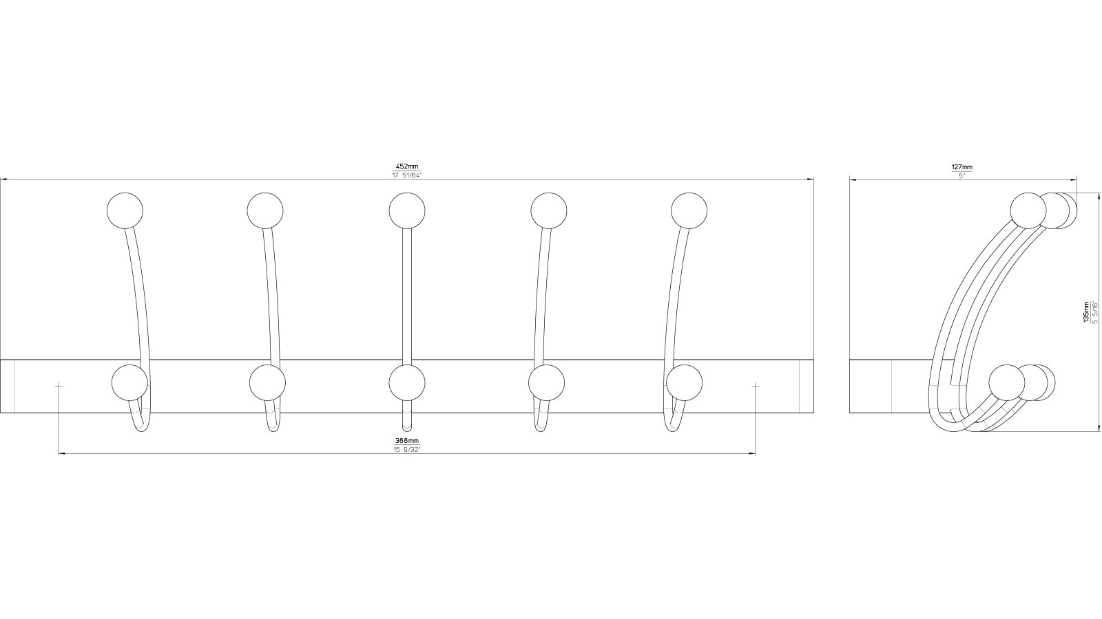 Hakenleiste Wiesloch Stahl - Holz silbergrau metallic pulverbeschichtet ahorn natur lackiert - 452 mm lang  vor weißem Hintergrund