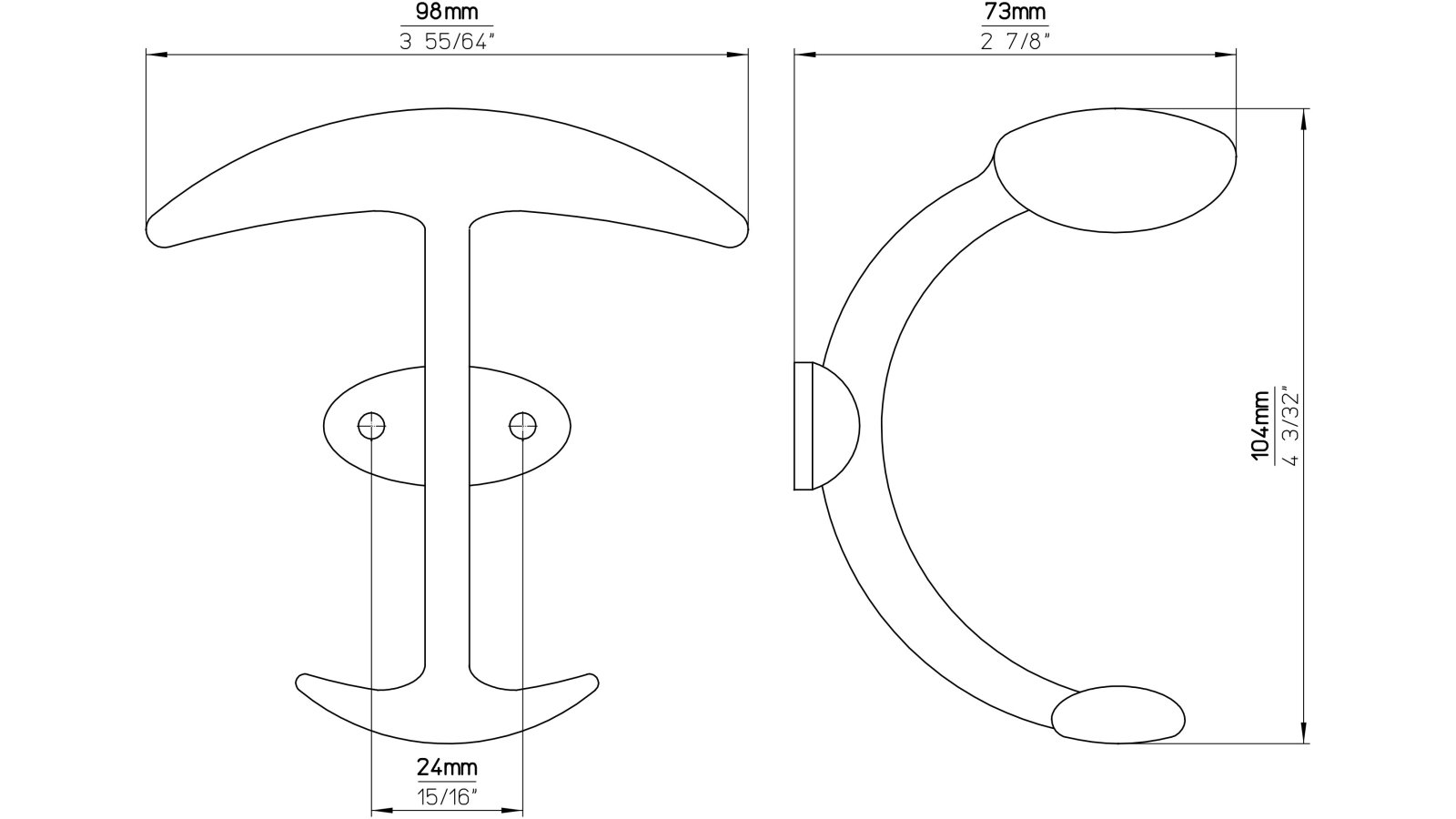 Haken Bad-Driburg Druckguss alufarbig pulverbeschichtet - 105 mm lang  vor weißem Hintergrund