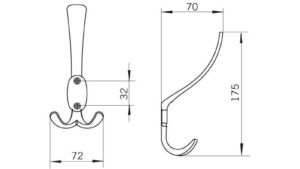 Kleiderhaken-Baden-Baden-brueniert-eisen-Eisen-Zinkdruckguss-laenge-175-206568-technische-zeichnung Haken Baden-Baden Druckguss eisenfarbig brüniert getrommelt - 175 mm lang vor weißem Hintergrund