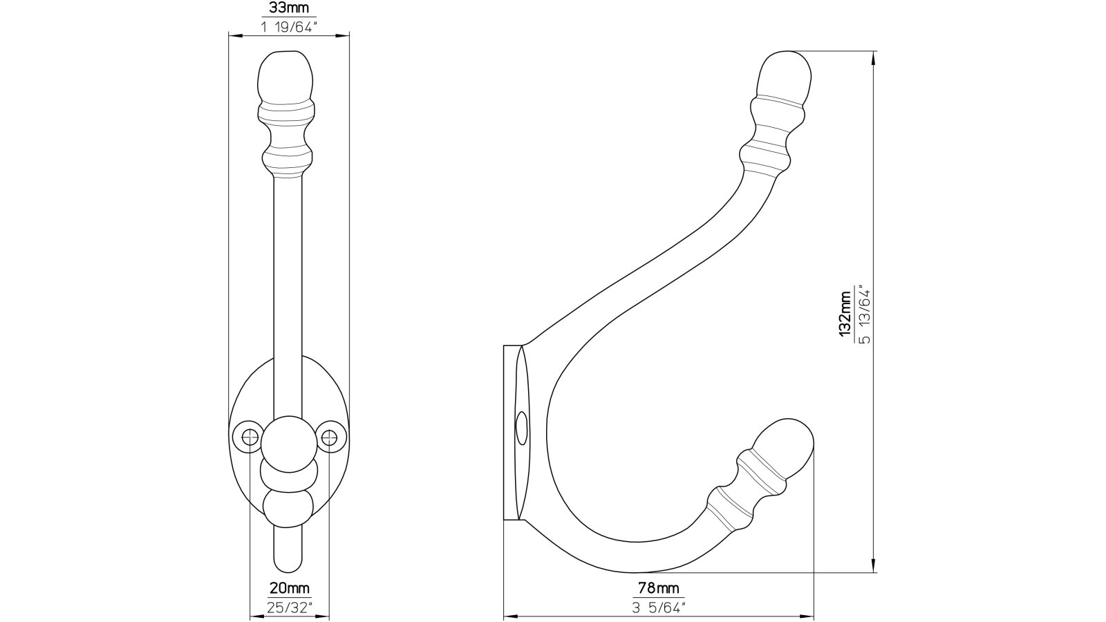 Haken Bischofswerda Gusseisen schwarz matt pulverbeschichtet - 132 mm lang  vor weißem Hintergrund