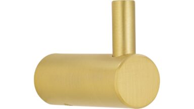 Haken Bisingen Stahl gold matt gebürstet - 28 mm lang vor weißem Hintergrund