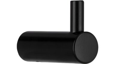 Haken Bisingen Stahl schwarz matt pulverbeschichtet - 28 mm lang vor weißem Hintergrund
