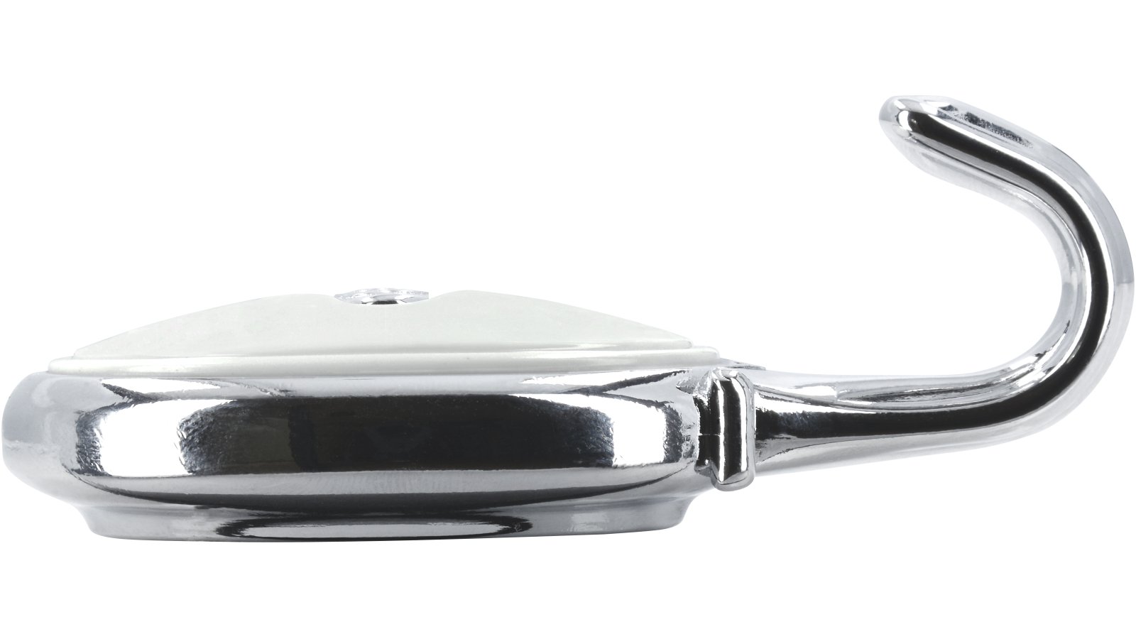 Haken Blankenburg Druckguss - Kunststoff chrom glänzend weiß - 77 mm lang  vor weißem Hintergrund