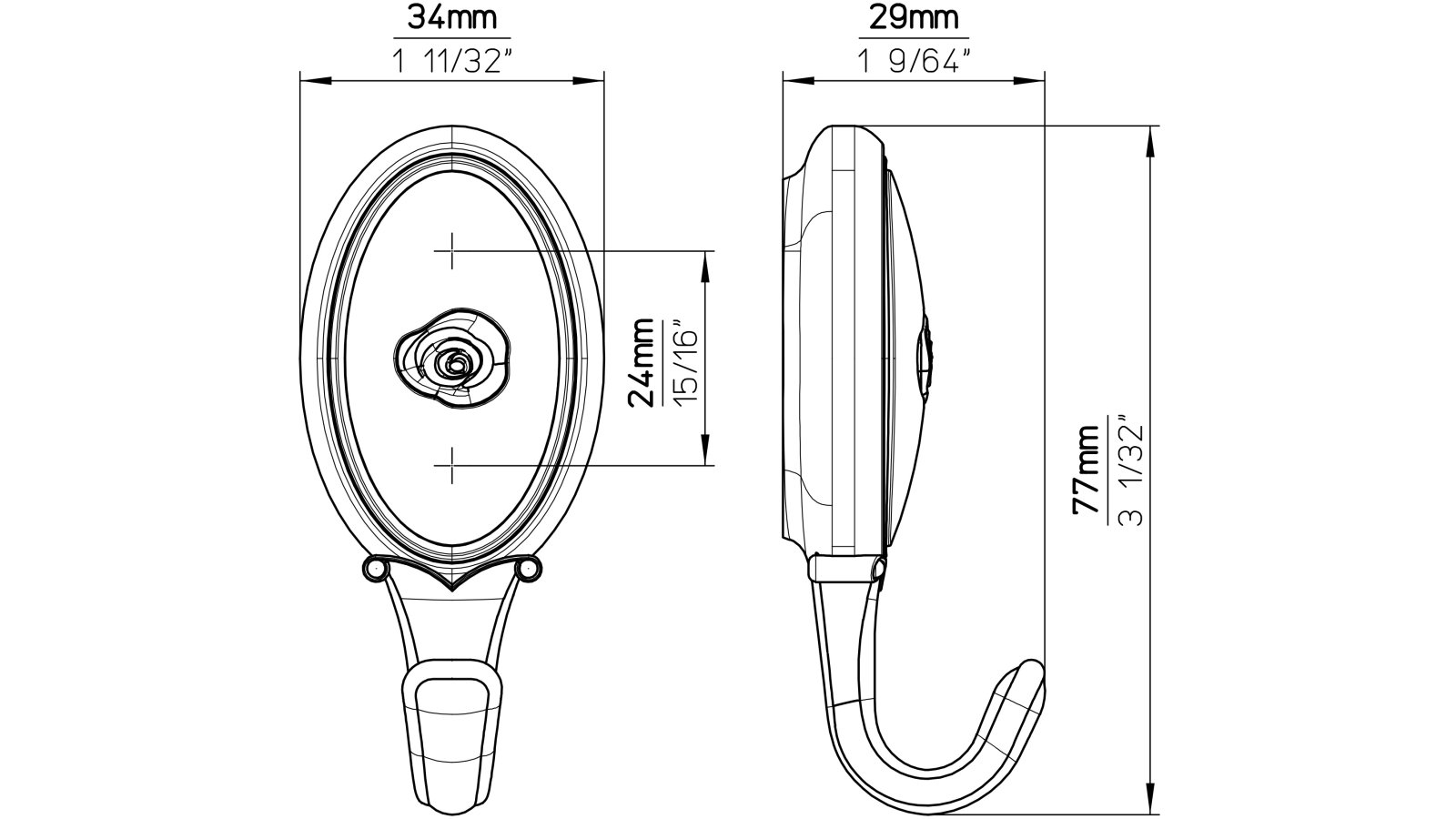 Haken Blankenburg Druckguss - Kunststoff chrom glänzend weiß - 77 mm lang  vor weißem Hintergrund