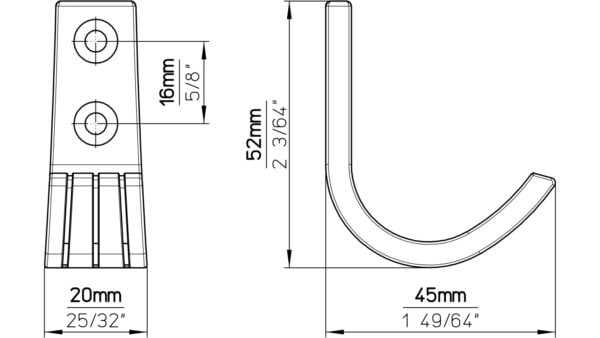 Haken Burgwedel Druckguss chrom glänzend - 52 mm lang  vor weißem Hintergrund