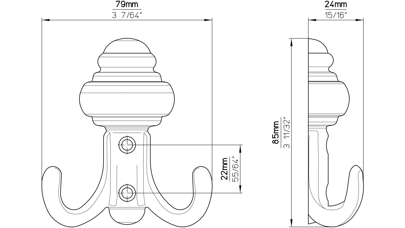 Kleiderhaken-Dorsten-brueniert-messing-Messing-Zinkdruckguss-laenge-86-85868-technische-zeichnung Haken Dorsten Druckguss altmessingfarbig brüniert getrommelt - 86 mm lang vor weißem Hintergrund