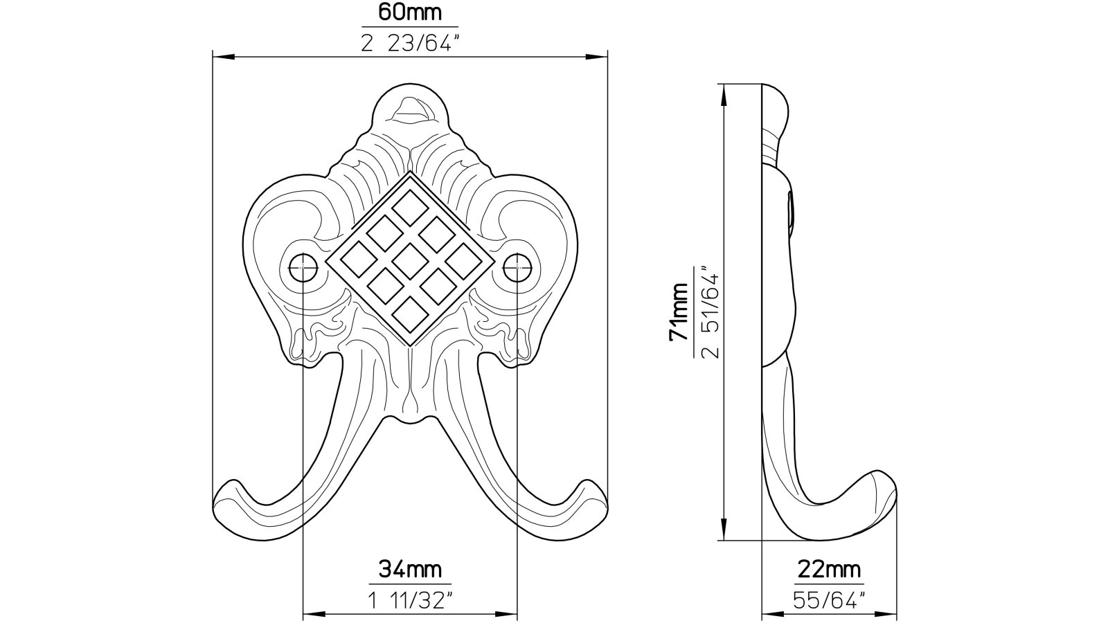 Kleiderhaken-Duisburg-messing-Messing-laenge-71-74380-technische-zeichnung Haken Duisburg Messing poliert - 71 mm lang vor weißem Hintergrund