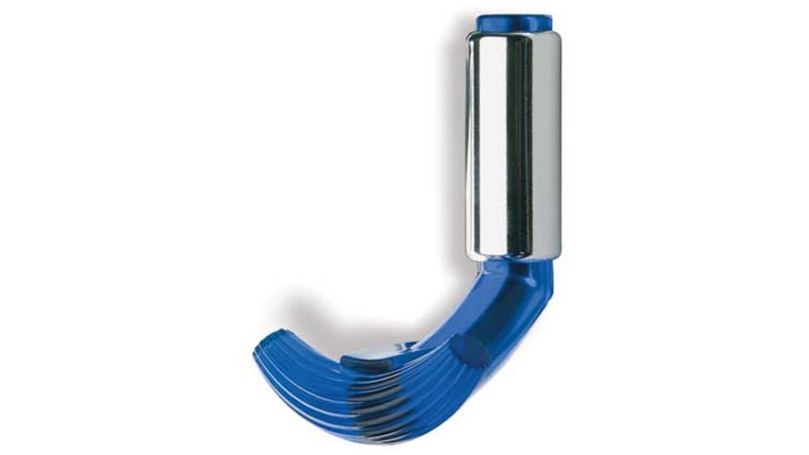 Haken Elmshorn Kunststoff Glaseffekt - blau, Kunststoff metallisiert - chrom glänzend - 80 mm lang  vor weißem Hintergrund