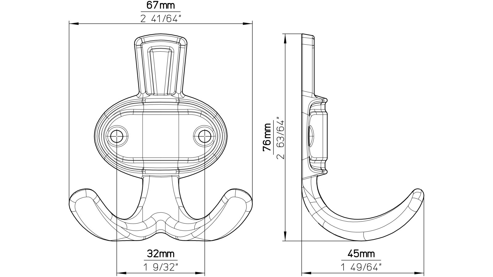 Haken Forchheim Druckguss reinweiß pulverbeschichtet - 76 mm lang  vor weißem Hintergrund