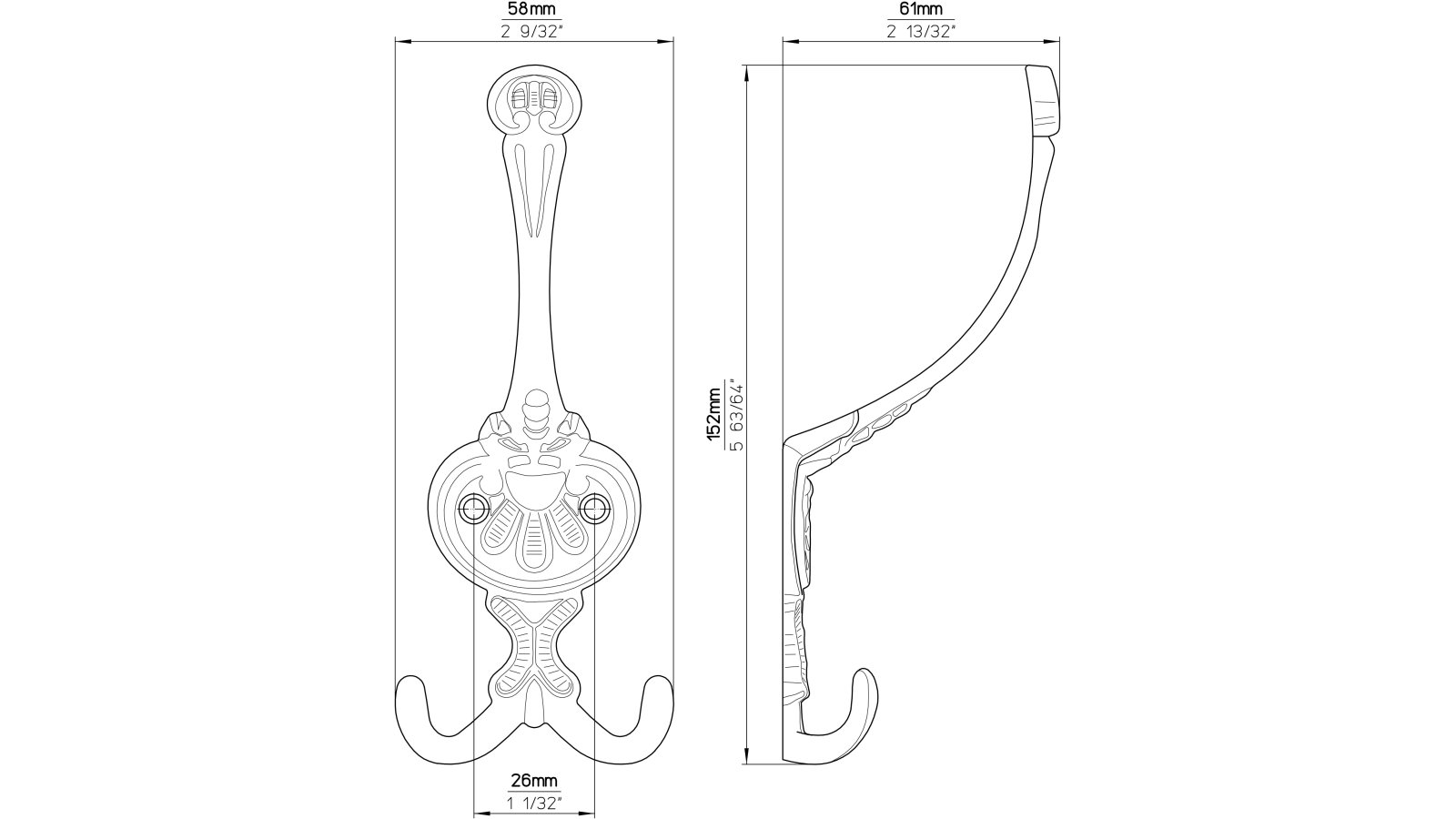 Haken Fürth Druckguss chrom glänzend - 151 mm lang  vor weißem Hintergrund