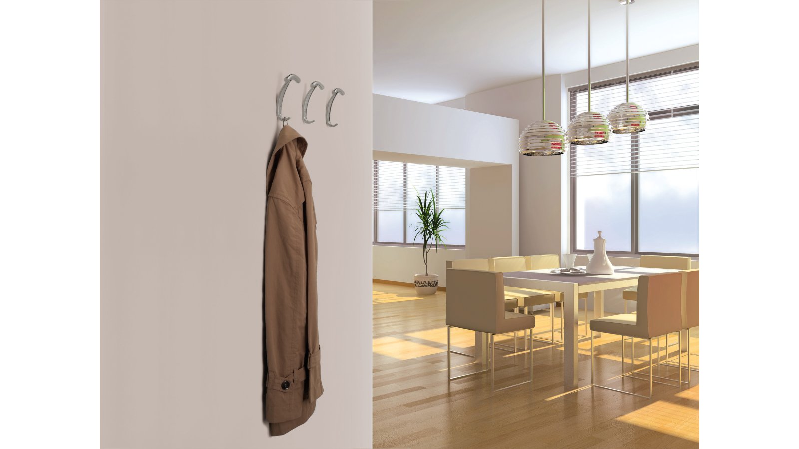 Haken Geldern Kunststoff metallisiert chrom glänzend - 139 mm lang  vor weißem Hintergrund