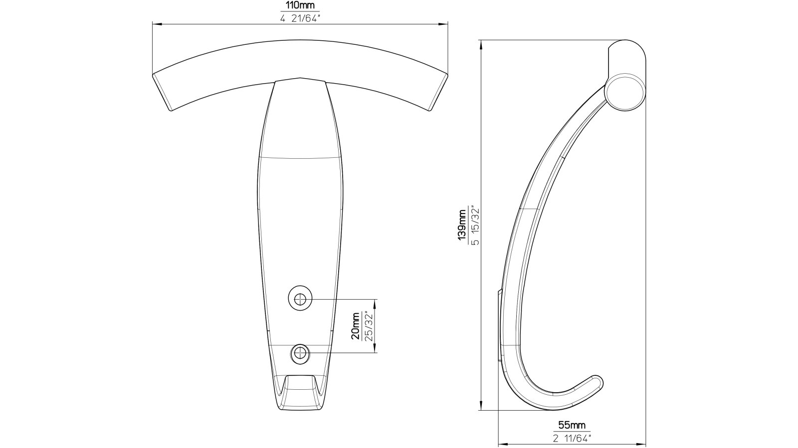 Haken Geldern Kunststoff metallisiert chrom glänzend - 139 mm lang  vor weißem Hintergrund