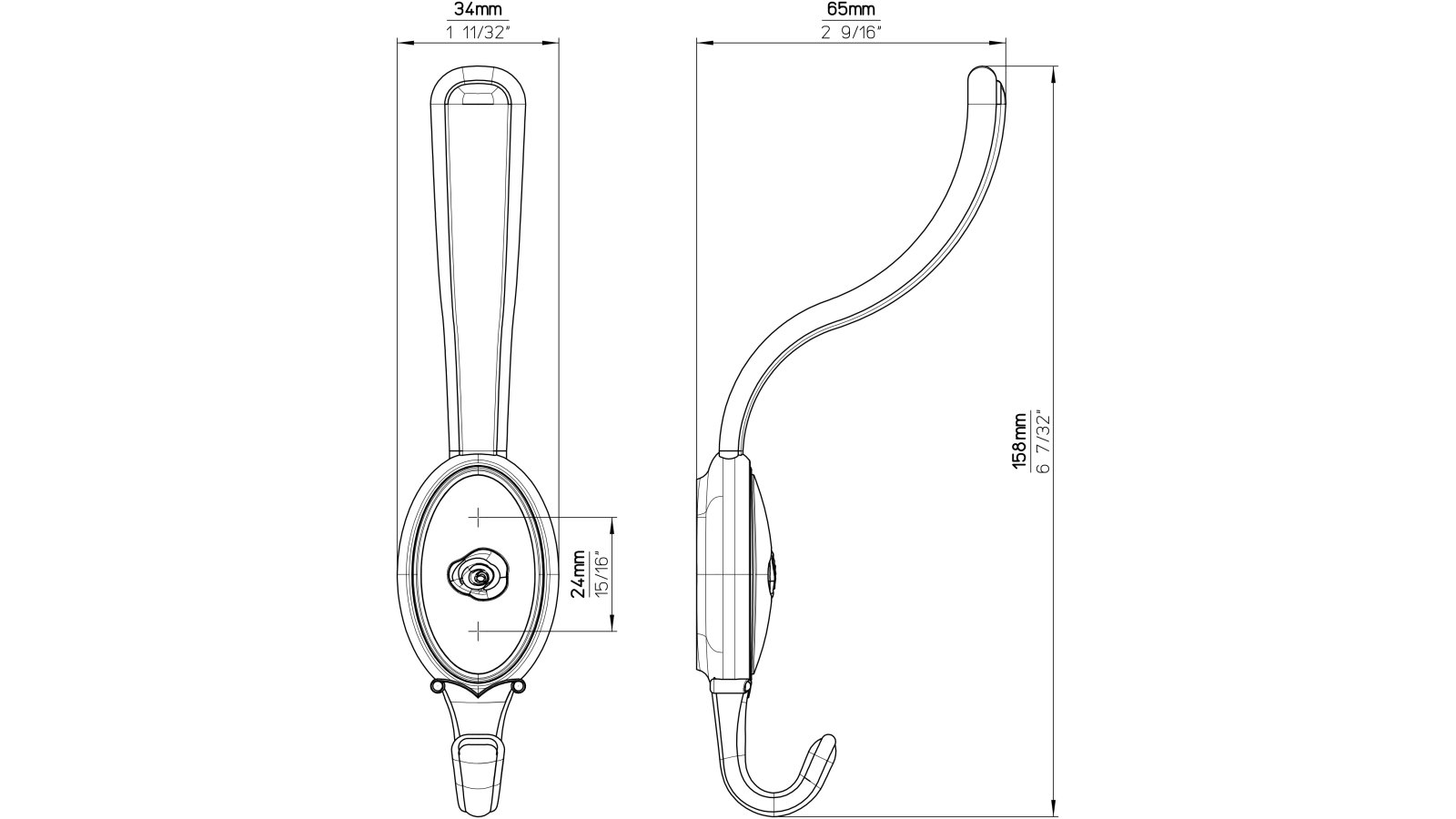 Kleiderhaken-Grossenhein-chrom-weiss-Kunststoff-Zinkdruckguss-laenge-159-688364-technische-zeichnung Haken Großenhein Druckguss - Kunststoff chrom glänzend weiß - 159 mm lang vor weißem Hintergrund