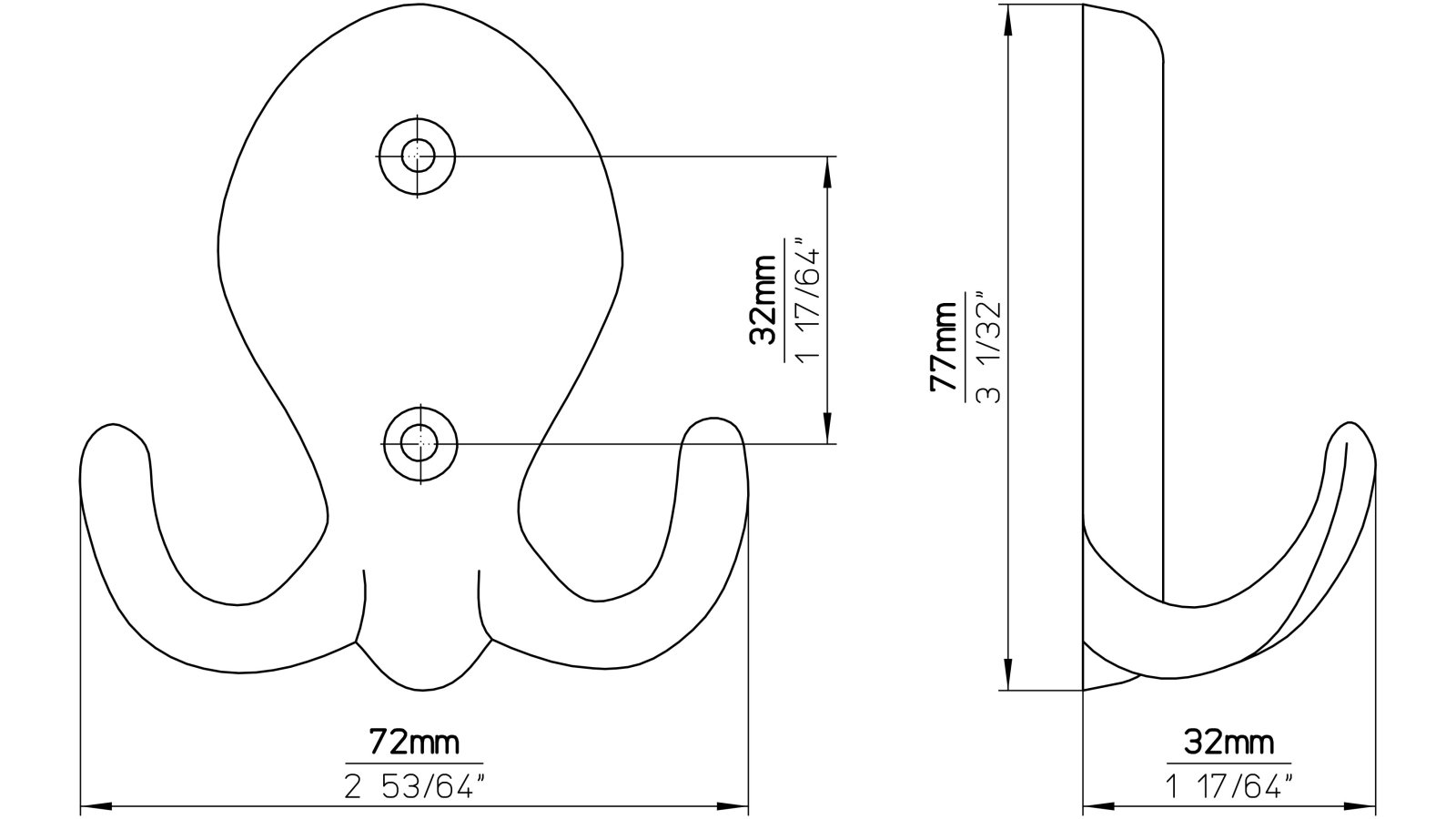 Haken Gummersbach Druckguss reinweiß pulverbeschichtet - 77 mm lang  vor weißem Hintergrund