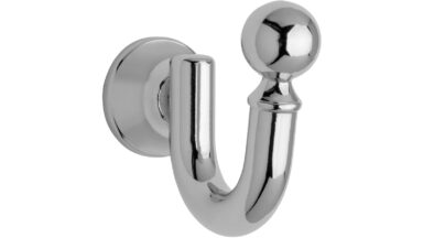 Haken Herten Druckguss chrom glänzend - 30 mm lang vor weißem Hintergrund
