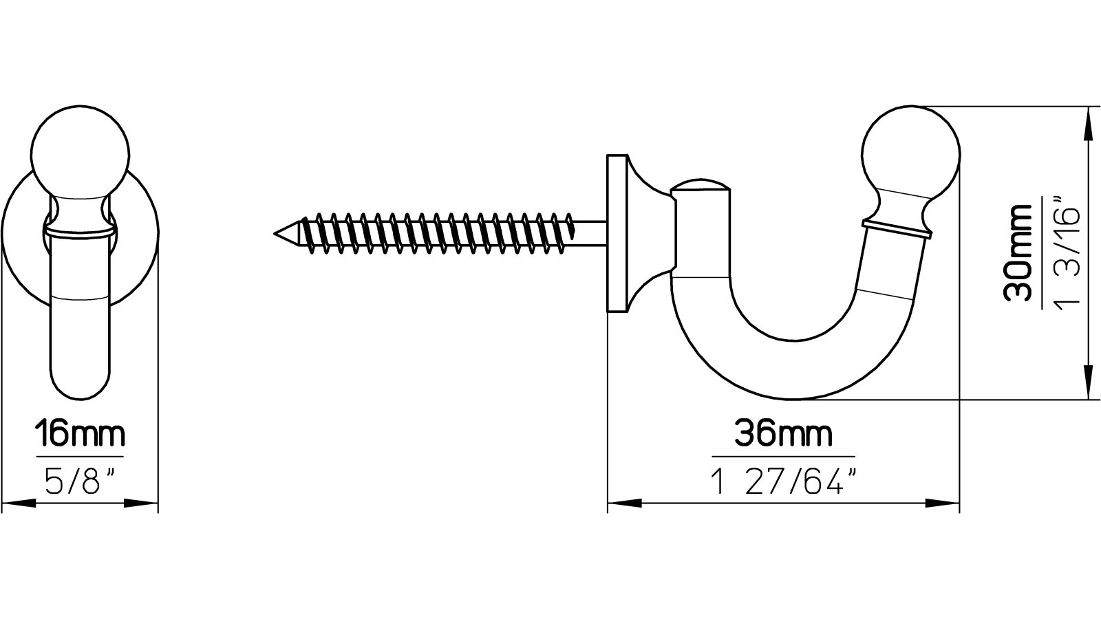 Kleiderhaken-Herten-chrom-Zinkdruckguss-laenge-30-236800-technische-zeichnung Haken Herten Druckguss chrom glänzend - 30 mm lang vor weißem Hintergrund