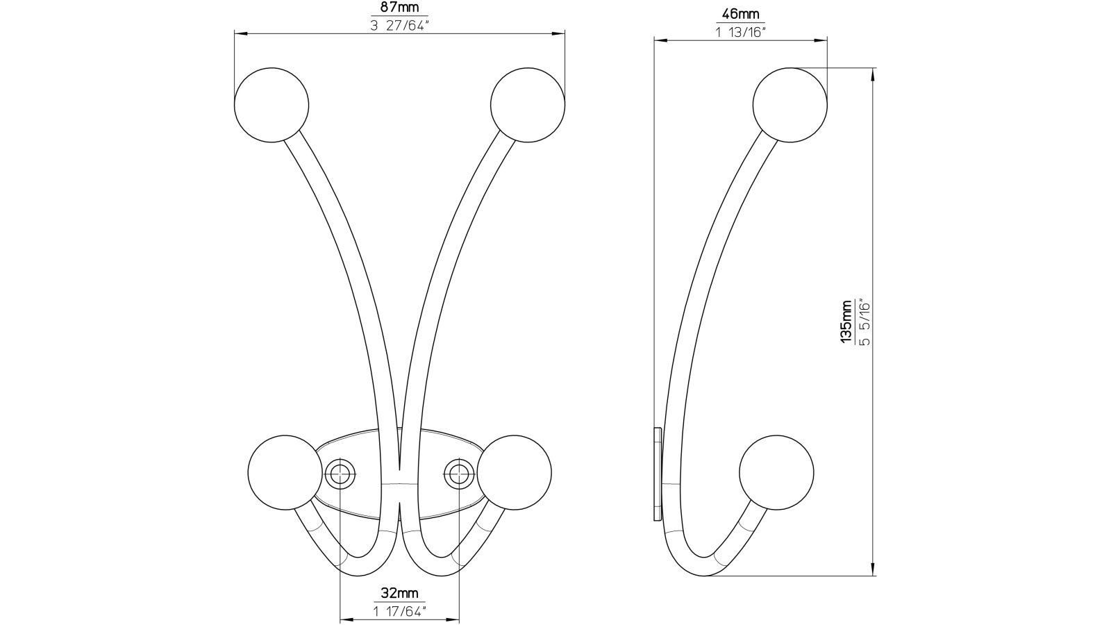 Kleiderhaken-Holte-Stukenbrock-grau-ahorn-Stahl-Holz-Holz-laenge-135-739516-technische-zeichnung Haken Holte-Stukenbrock Stahl - Holz umbragrau metallic pulverbeschichtet ahorn natur lackiert - 135 mm lang vor weißem Hintergrund