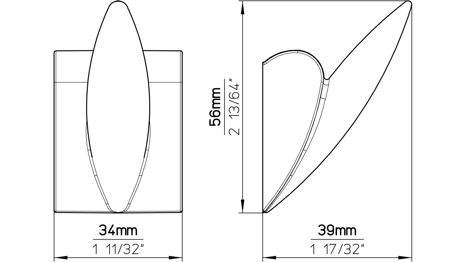 Haken Langen Kunststoff metallisiert chrom glänzend grau - 56 mm lang  vor weißem Hintergrund