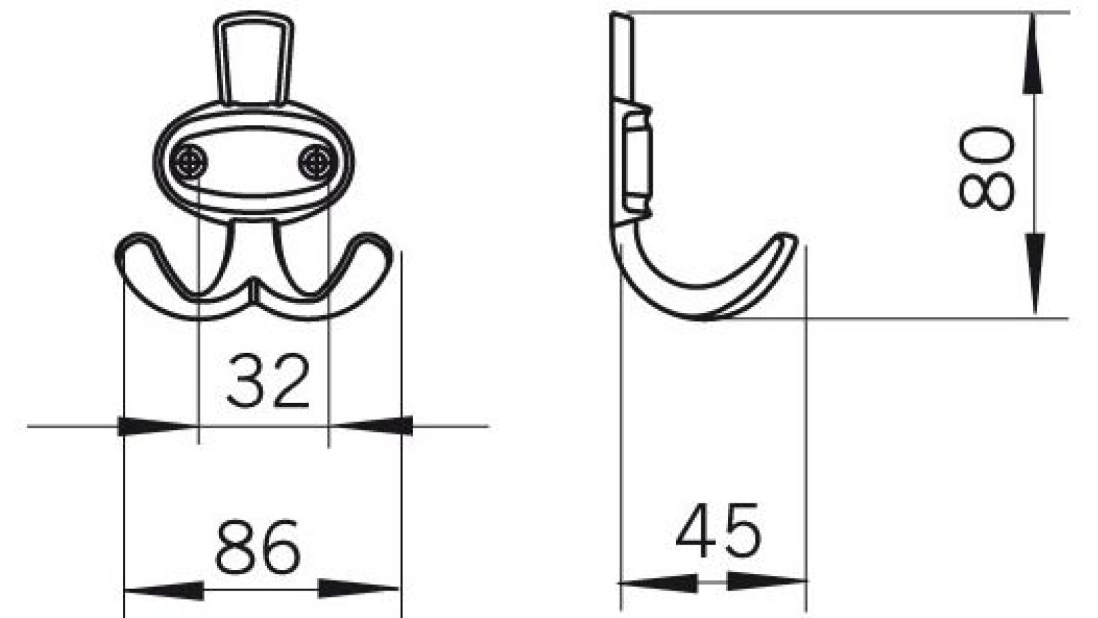 Kleiderhaken-Langenfeld-chrom-Zinkdruckguss-Zinkdruckguss-laenge-80-154282-technische-zeichnung Haken Langenfeld Zinkdruckguß - chrom glänzend - 80 mm lang vor weißem Hintergrund