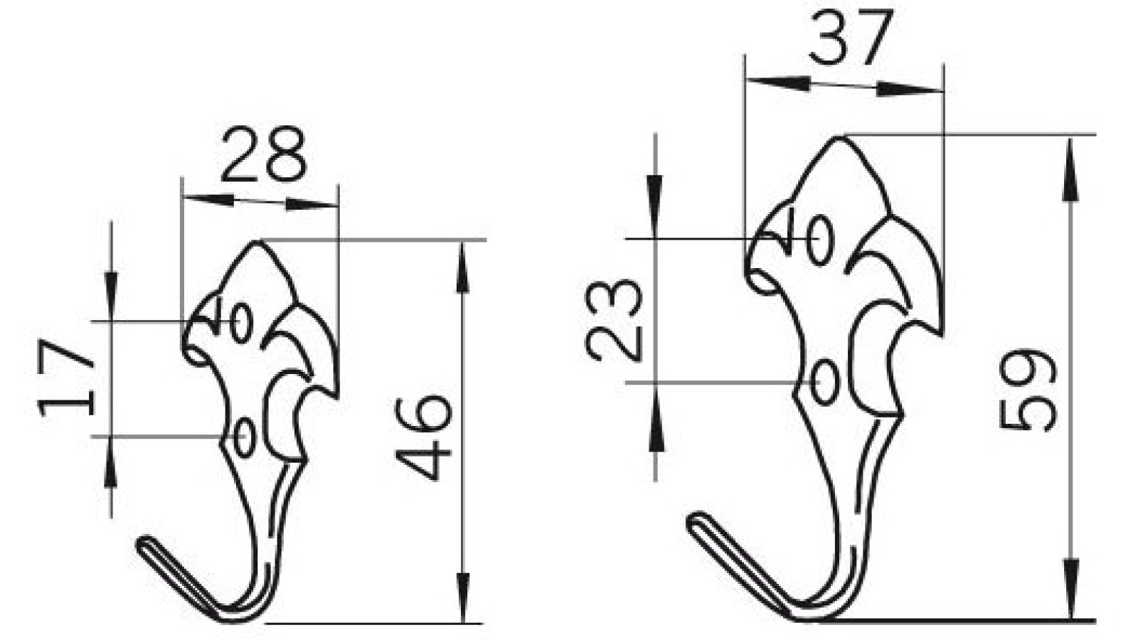 Kleiderhaken-Lueneburg-brueniert-messing-Messing-Zinkdruckguss-laenge-46-87788-technische-zeichnung Haken Lüneburg Druckguss altmessingfarbig brüniert getrommelt - 46 mm lang vor weißem Hintergrund