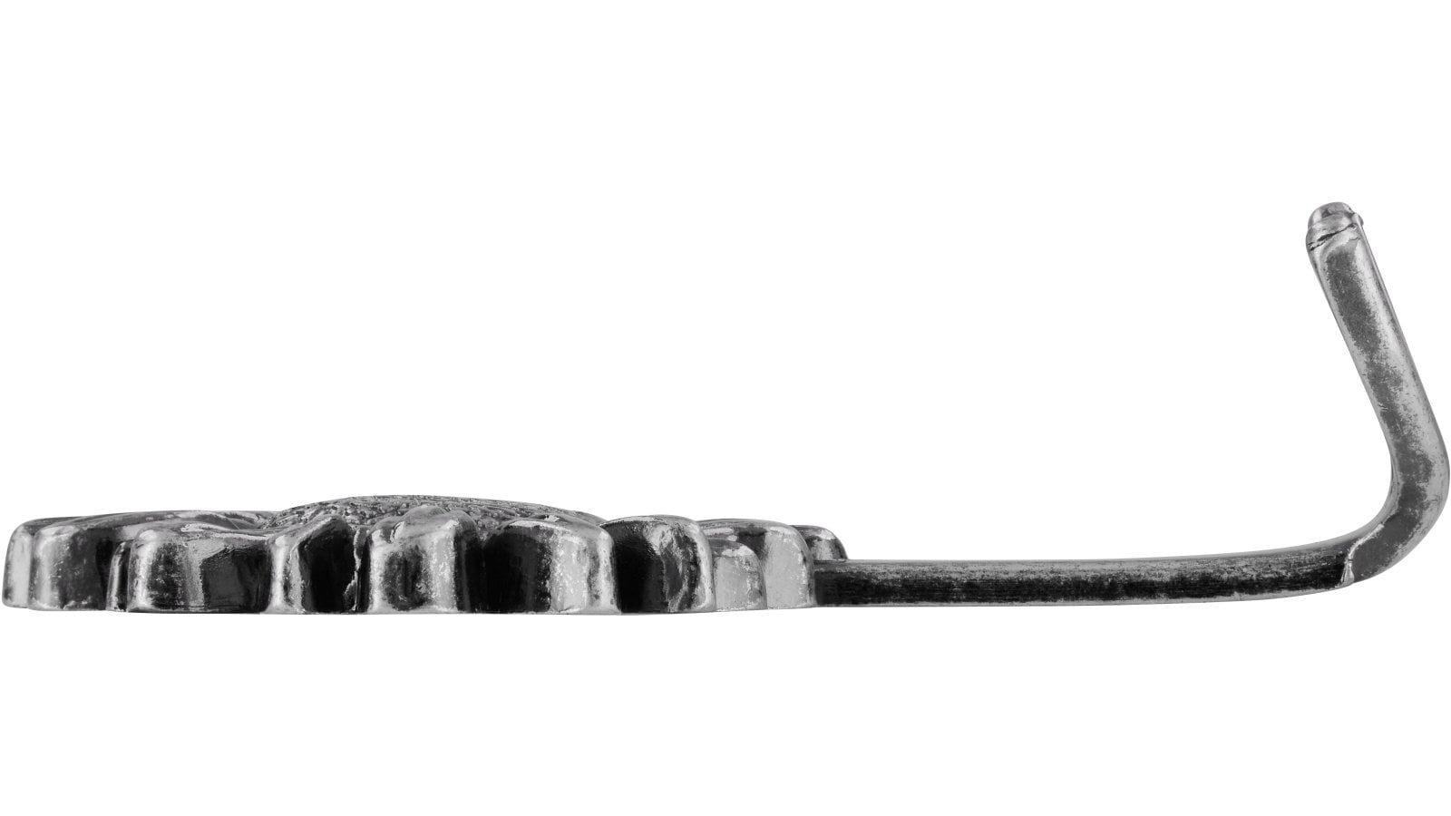 Haken Merzig Druckguss altsilberfarbig - 78 mm lang  vor weißem Hintergrund