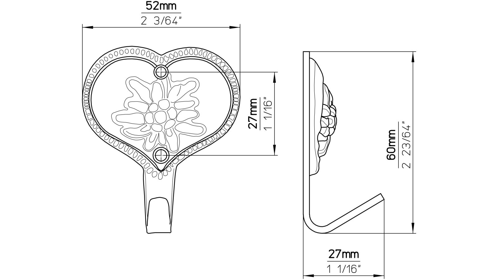 Haken Northeim Druckguss altsilberfarbig - 60 mm lang  vor weißem Hintergrund