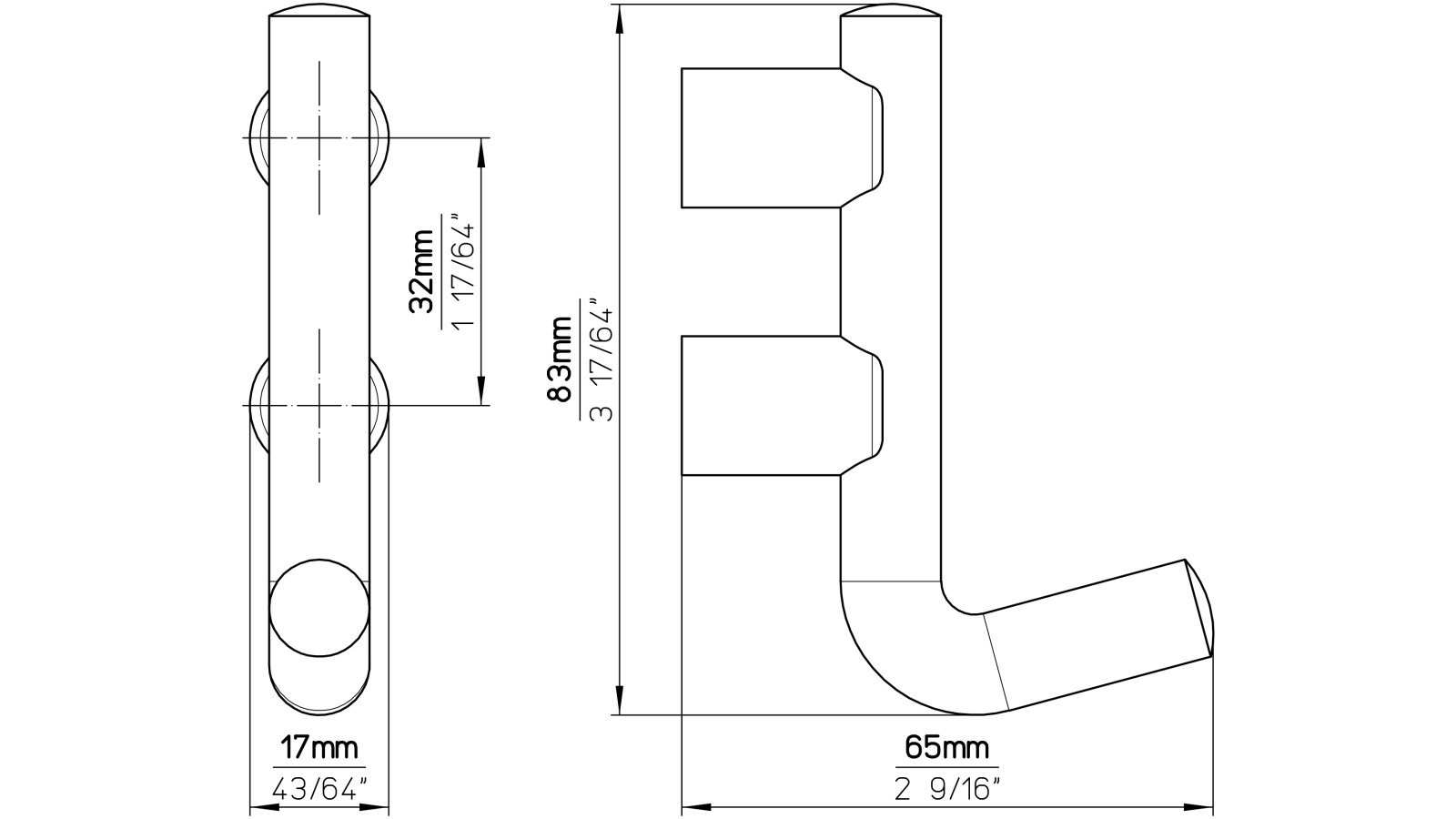 Haken Obertshausen Edelstahl fein geschliffen - 85 mm lang  vor weißem Hintergrund
