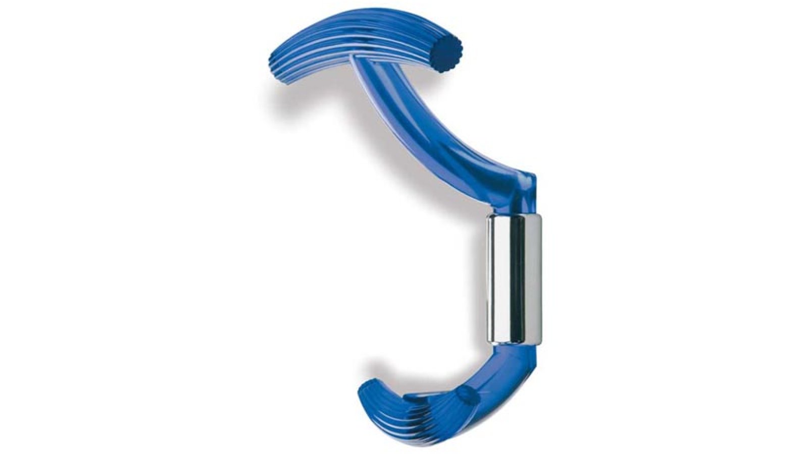 Haken Ravensburg Kunststoff glaseffekt blau metallisiert chrom glänzend - 144 mm lang  vor weißem Hintergrund