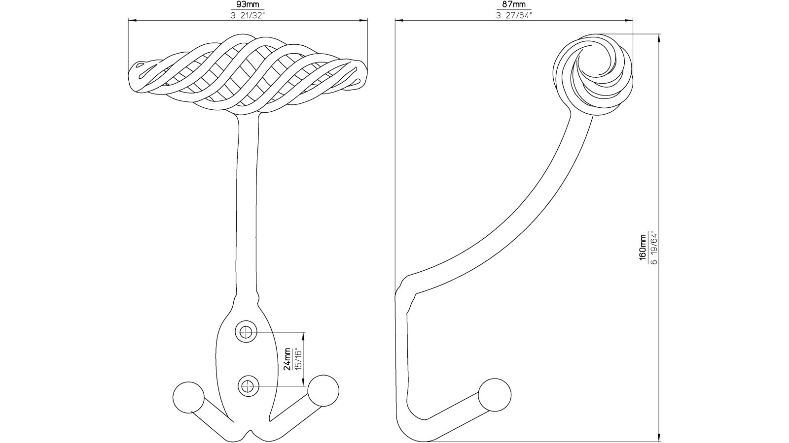 Haken Reichenbach Stahl altzinnfarbig brüniert - 160 mm lang  vor weißem Hintergrund