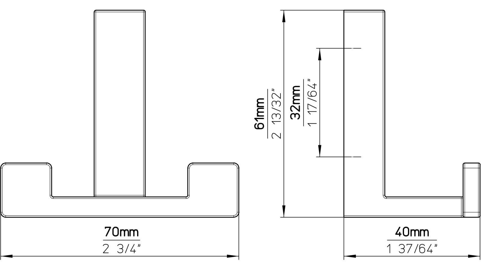 Kleiderhaken-Rheinau-weiss-Zinkdruckguss-laenge-61-826062-technische-zeichnung Haken Rheinau Druckguss reinweiß pulverbeschichtet - 61 mm lang vor weißem Hintergrund