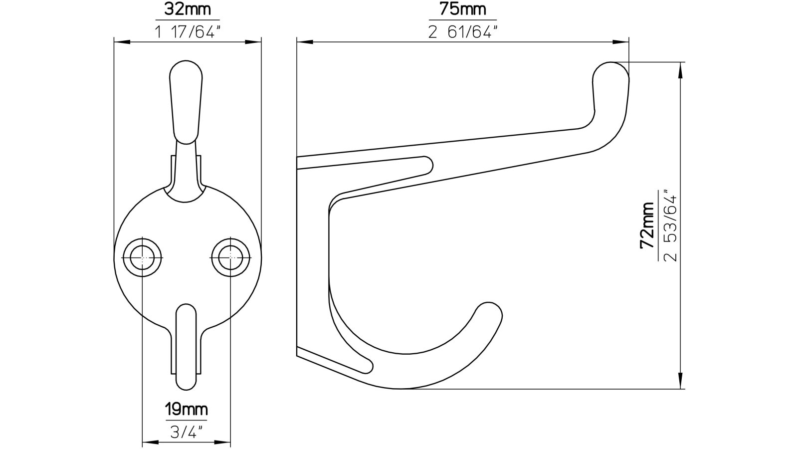 Kleiderhaken-Speyer-chrom-Zinkdruckguss-laenge-72-237216-technische-zeichnung Haken Speyer Druckguss chrom glänzend - 72 mm lang vor weißem Hintergrund