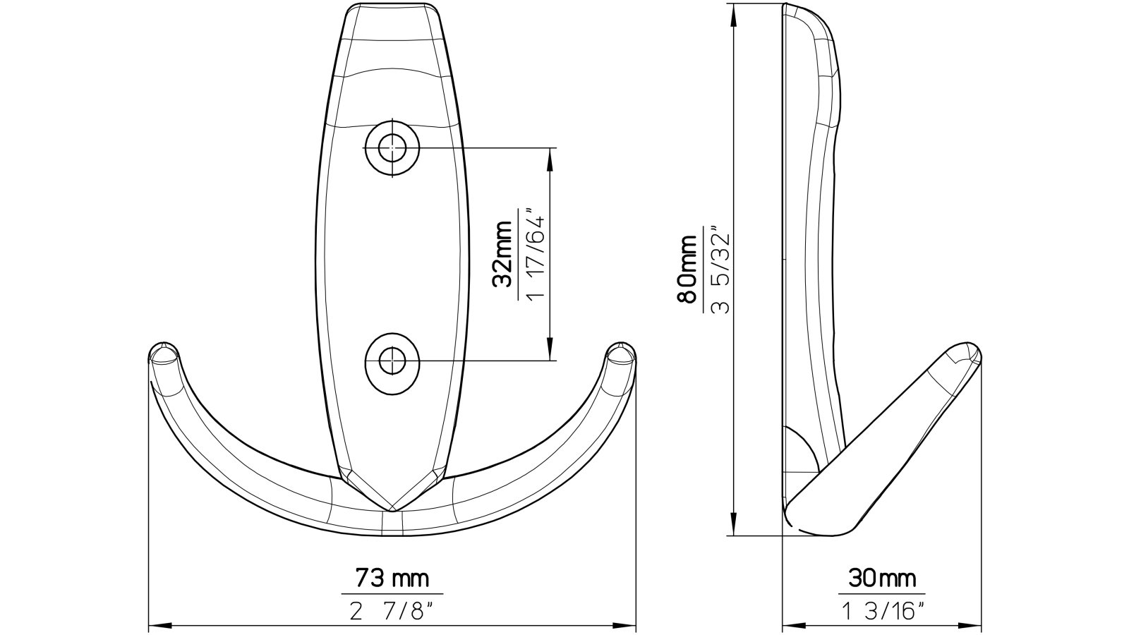 Haken Sprockhövel Druckguss vernickelt feingeschliffen - 80 mm lang  vor weißem Hintergrund