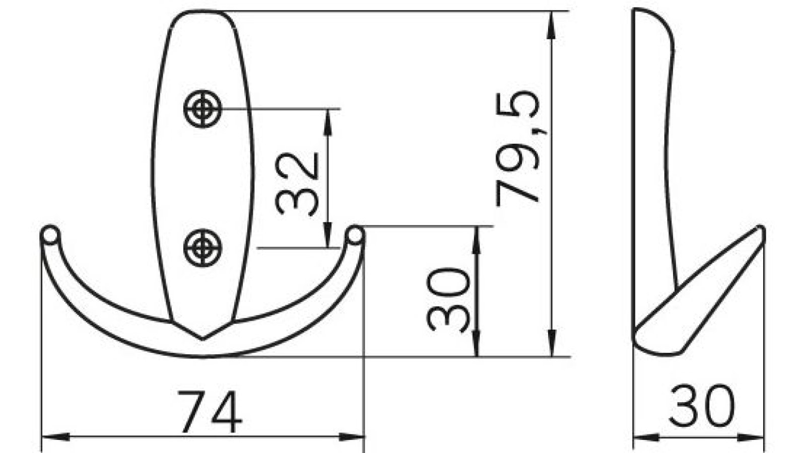 Kleiderhaken-Sprockhoevel-weiss-Zinkdruckguss-laenge-80-678772-technische-zeichnung Haken Sprockhövel Druckguss reinweiß pulverbeschichtet - 80 mm lang vor weißem Hintergrund