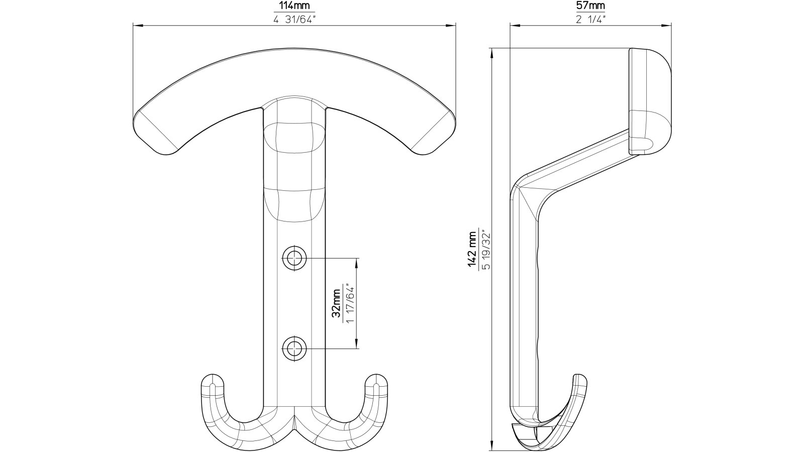 Haken Stuhr Druckguss schwarz matt pulverbeschichtet - 142 mm lang  vor weißem Hintergrund