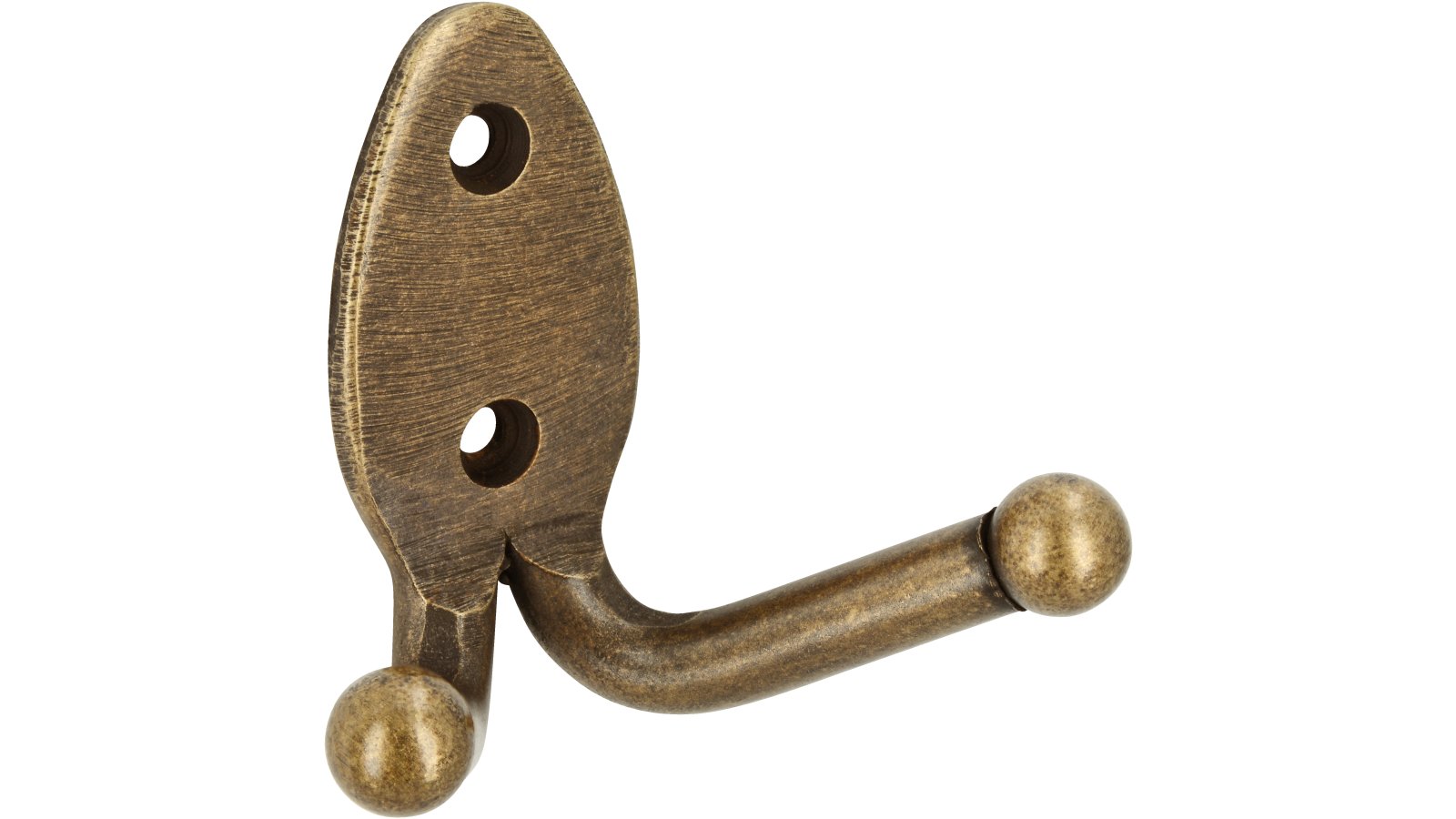 Kleiderhaken-Syke-brueniert-messing-Stahl-Messing-laenge-61-579026-seitlich Haken Syke Stahl altmessingfarbig brüniert getrommelt - 61 mm lang vor weißem Hintergrund