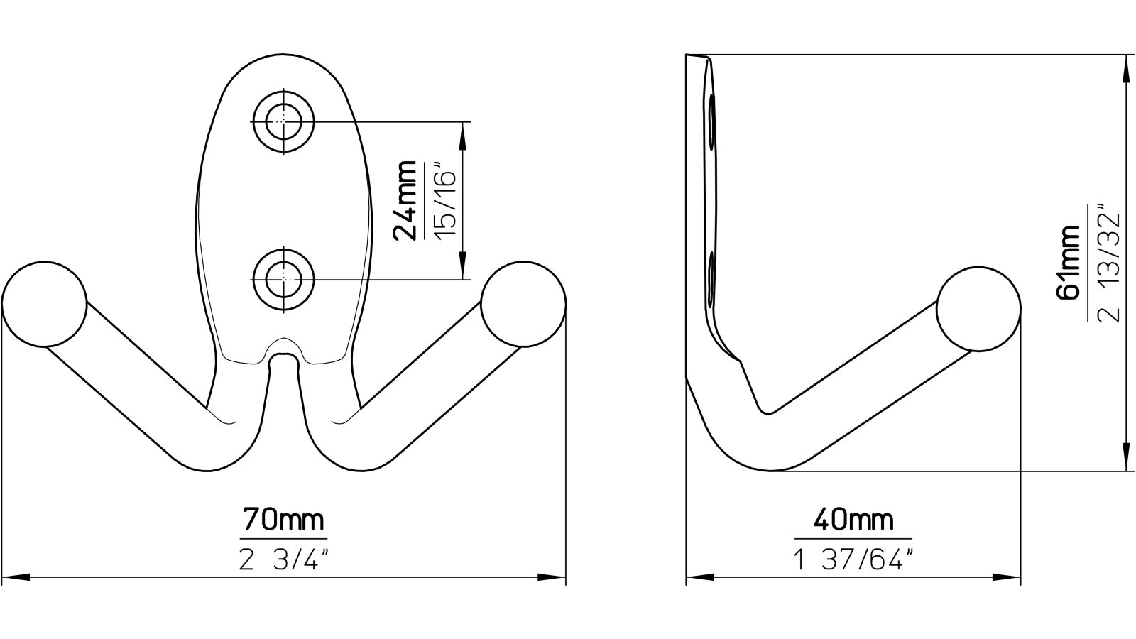Kleiderhaken-Syke-brueniert-messing-Stahl-Messing-laenge-61-579026-technische-zeichnung Haken Syke Stahl altmessingfarbig brüniert getrommelt - 61 mm lang vor weißem Hintergrund