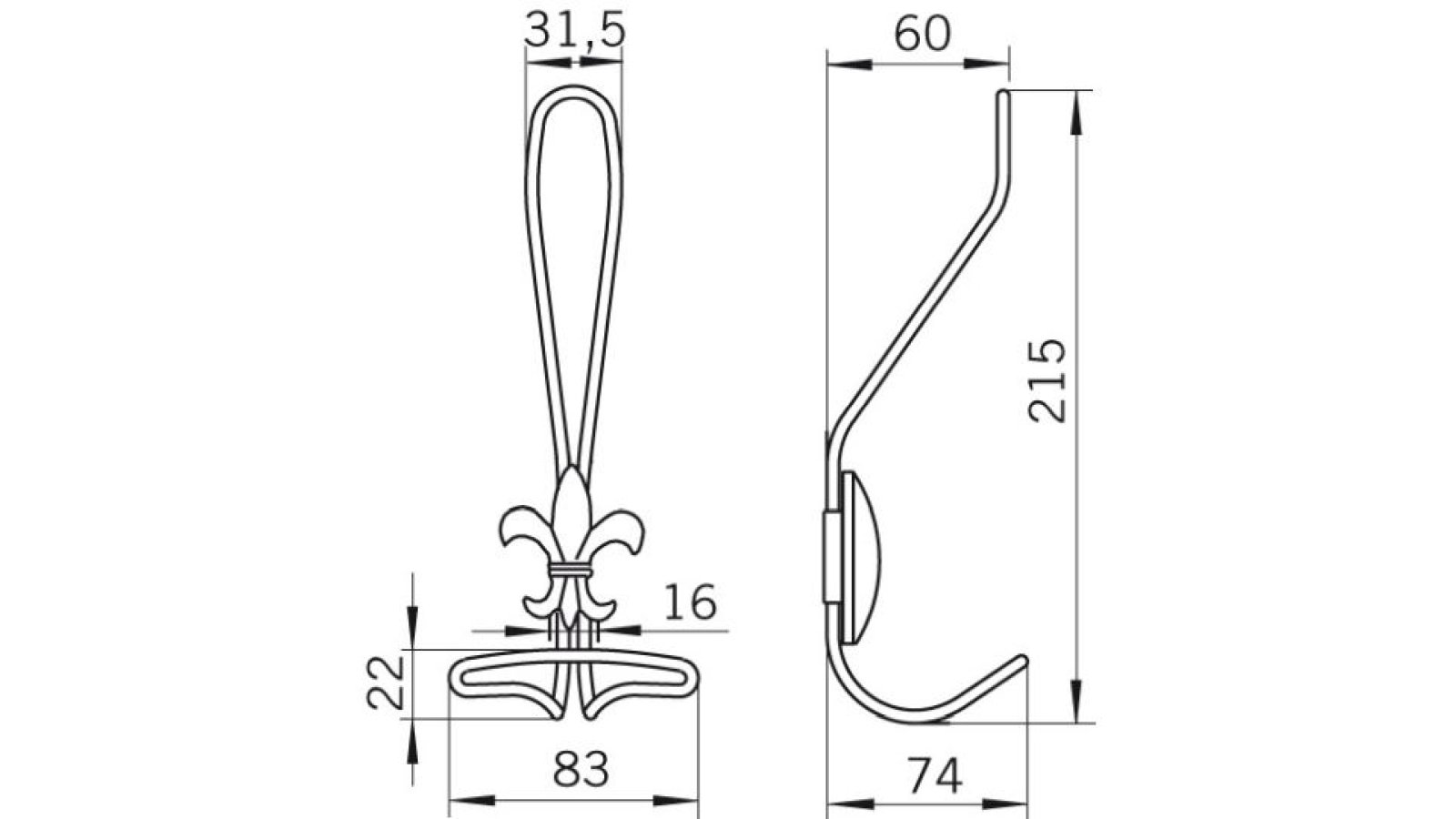 Haken Tönisvorst Stahl - Druckguss altmessingfarbig brüniert getrommelt - 215 mm lang  vor weißem Hintergrund