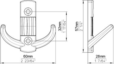 Haken Trossingen Druckguss schwarz matt pulverbeschichtet - 57 mm lang  vor weißem Hintergrund