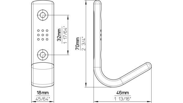 Haken Uetze Druckguss glänzend vermessingt - 70 mm lang  vor weißem Hintergrund