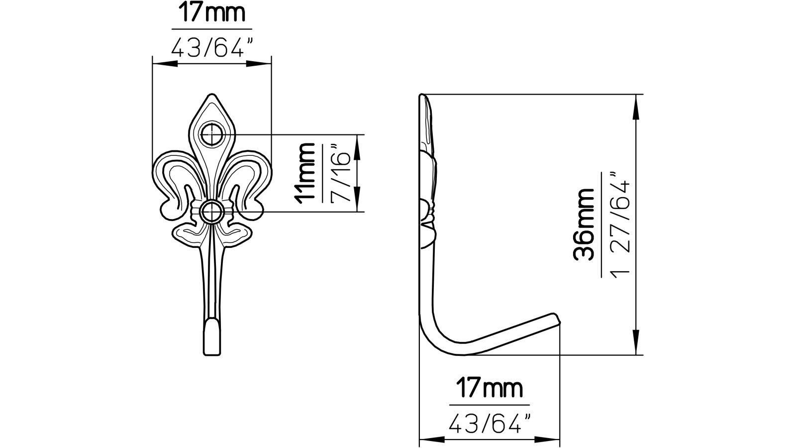 Haken Unna Druckguss chrom glänzend - 36 mm lang  vor weißem Hintergrund