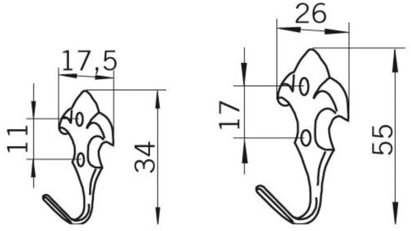 Haken Unna Druckguss chrom glänzend - 55 mm lang  vor weißem Hintergrund