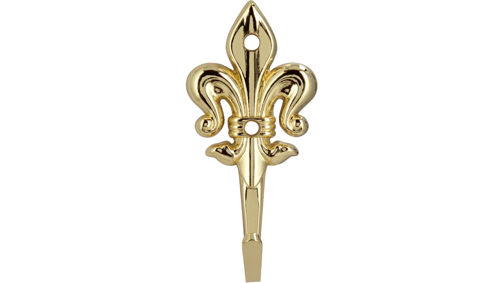 Haken Unna Druckguss glänzend vermessingt - 55 mm lang  vor weißem Hintergrund