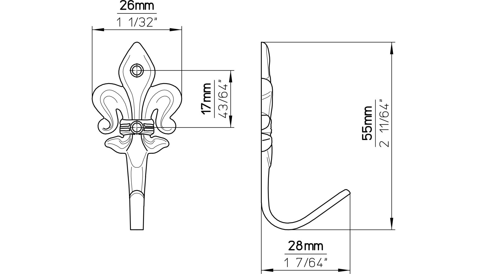 Haken Unna Druckguss glänzend vermessingt - 55 mm lang  vor weißem Hintergrund