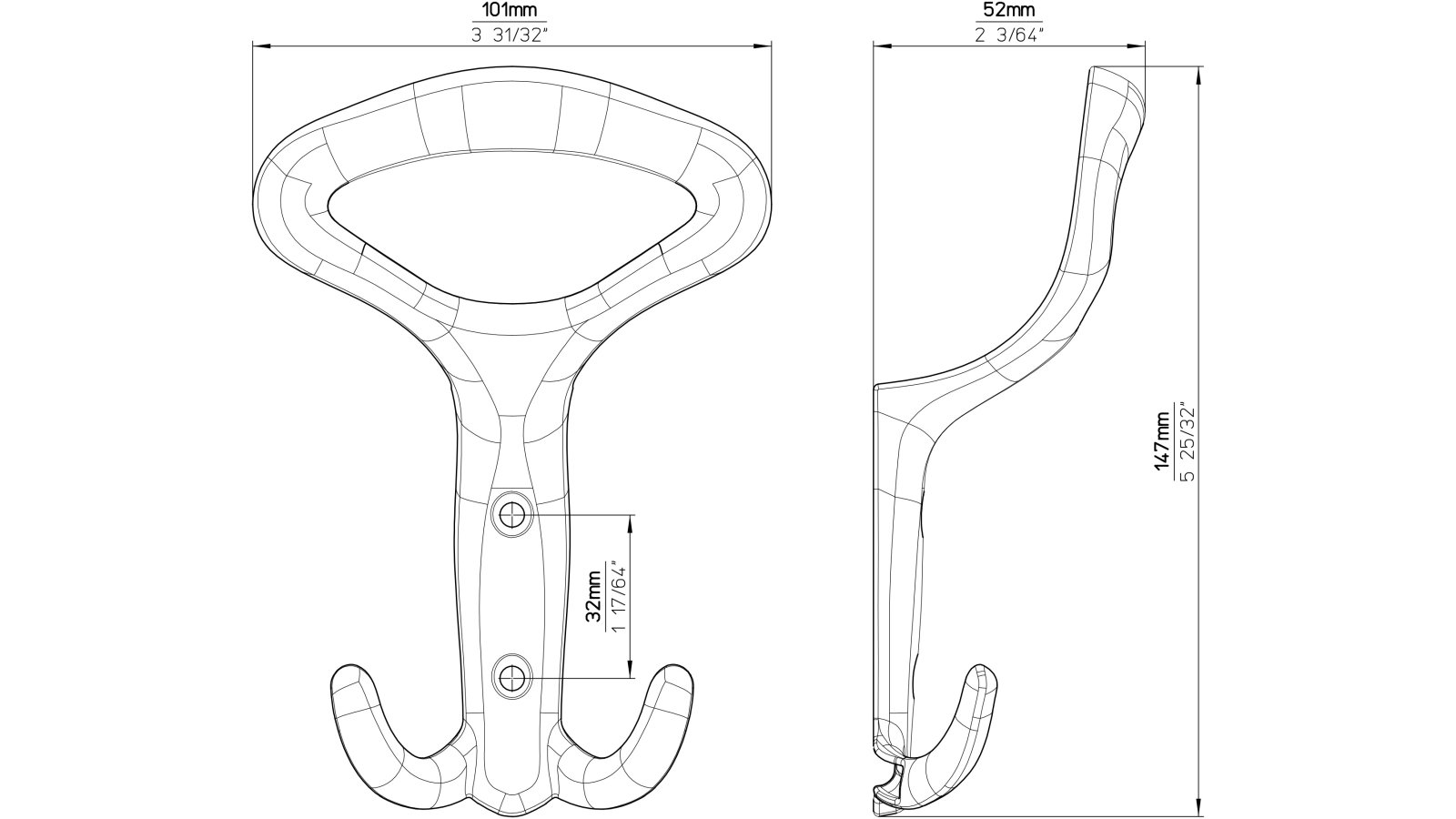 Haken Verden Druckguss chrom glänzend - 147 mm lang  vor weißem Hintergrund