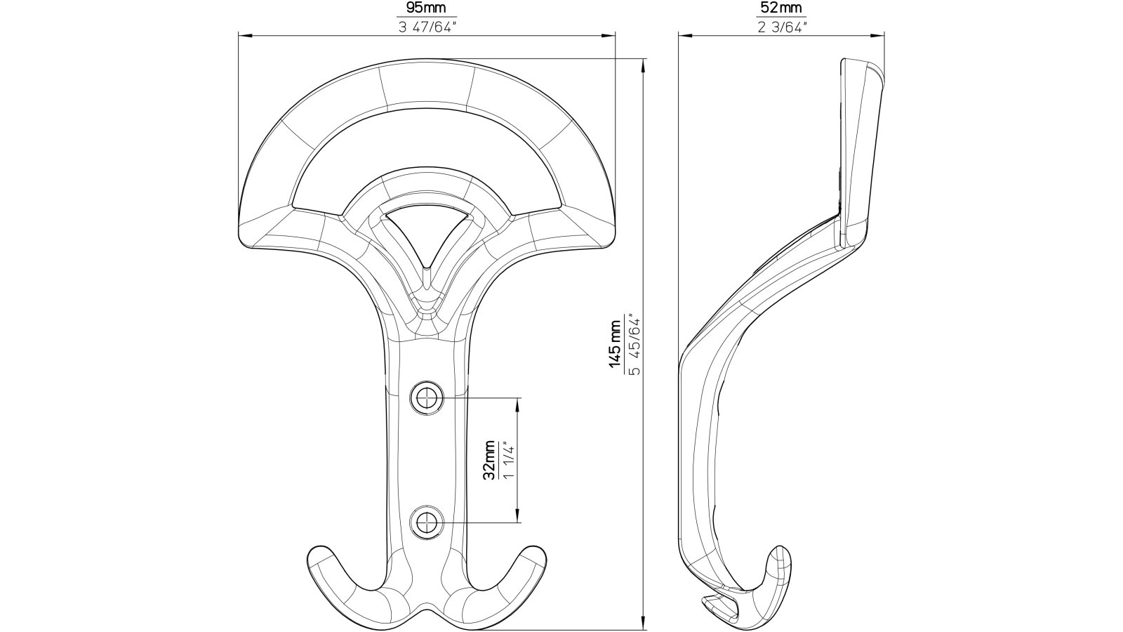 Kleiderhaken-Verden-messing-Messing-Zinkdruckguss-laenge-145-559472-technische-zeichnung Haken Verden Druckguss glänzend vermessingt - 145 mm lang vor weißem Hintergrund