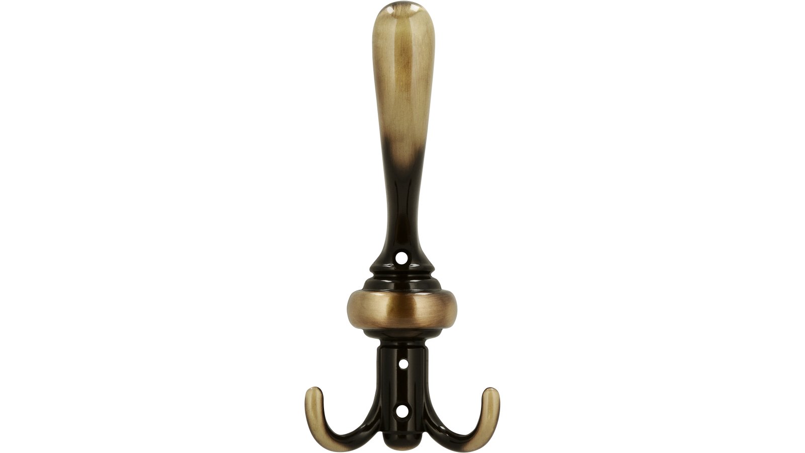 Kleiderhaken-Villingen-Schwenningen-brueniert-messing-Messing-Zinkdruckguss-laenge-178-85806-front Haken Villingen-Schwenningen Druckguss altmessingfarbig brüniert getrommelt - 178 mm lang vor weißem Hintergrund