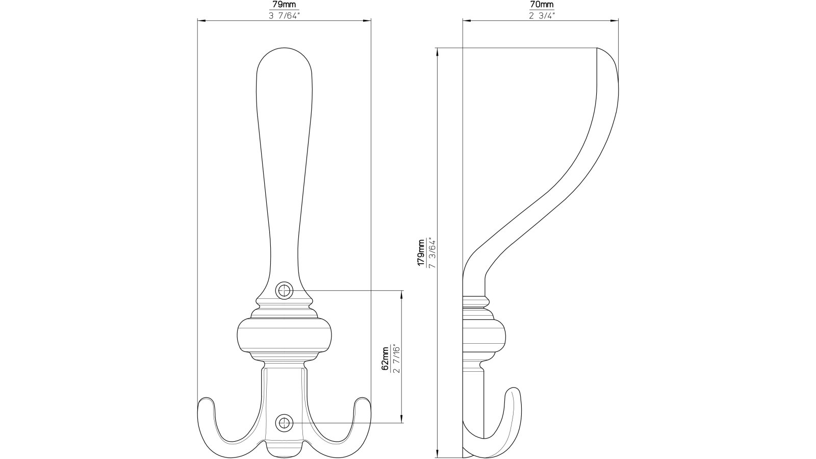 Kleiderhaken-Villingen-Schwenningen-brueniert-messing-Messing-Zinkdruckguss-laenge-178-85806-technische-zeichnung Haken Villingen-Schwenningen Druckguss altmessingfarbig brüniert getrommelt - 178 mm lang vor weißem Hintergrund