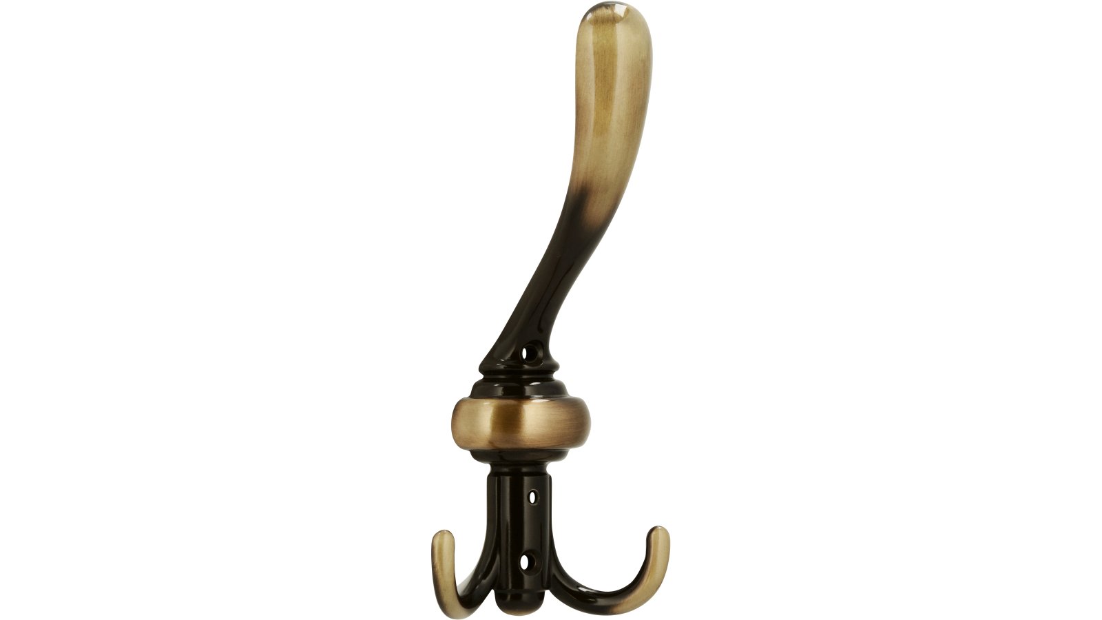 Kleiderhaken-Villingen-Schwenningen-brueniert-messing-Messing-Zinkdruckguss-laenge-178-85806 Haken Villingen-Schwenningen Druckguss altmessingfarbig brüniert getrommelt - 178 mm lang vor weißem Hintergrund